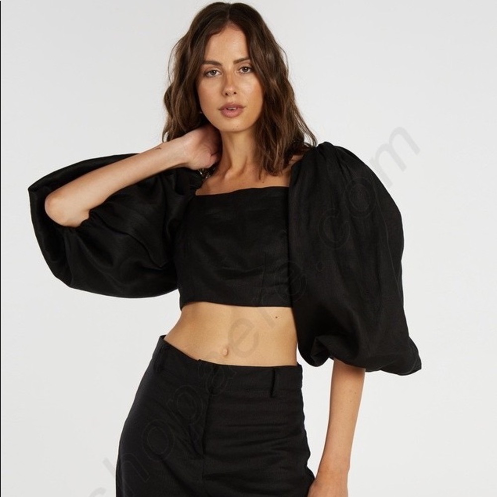 AERE linen exaggerated sleeve cropped off shoulder top